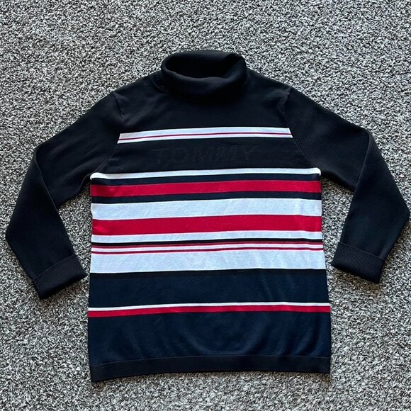 Tommy Hilfiger Turtleneck Sweater Womens XL Black/Red Striped Cotton Long Sleeve - Picture 1 of 8